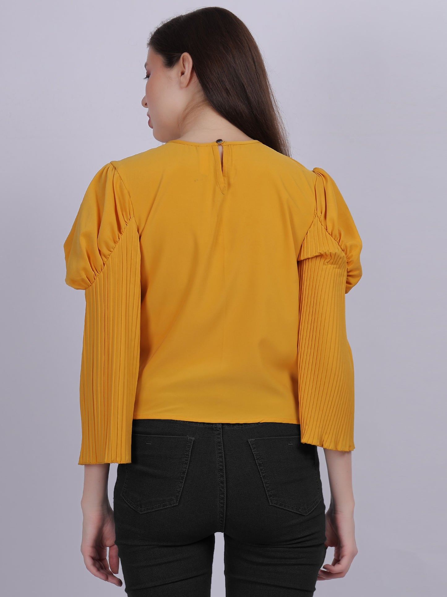 Yellow Fashion Crop Top With Bell Pleated Sleeves