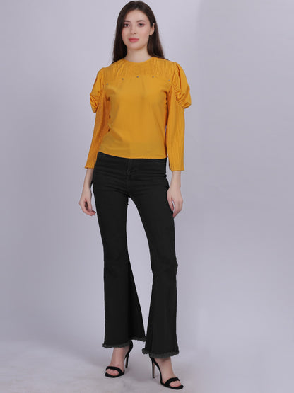 Yellow Fashion Crop Top With Bell Pleated Sleeves