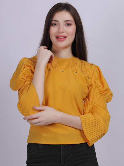 Yellow Fashion Crop Top With Bell Pleated Sleeves