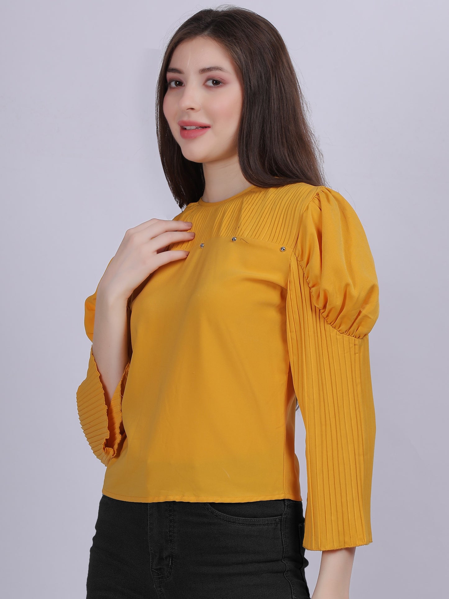 Yellow Fashion Crop Top With Bell Pleated Sleeves