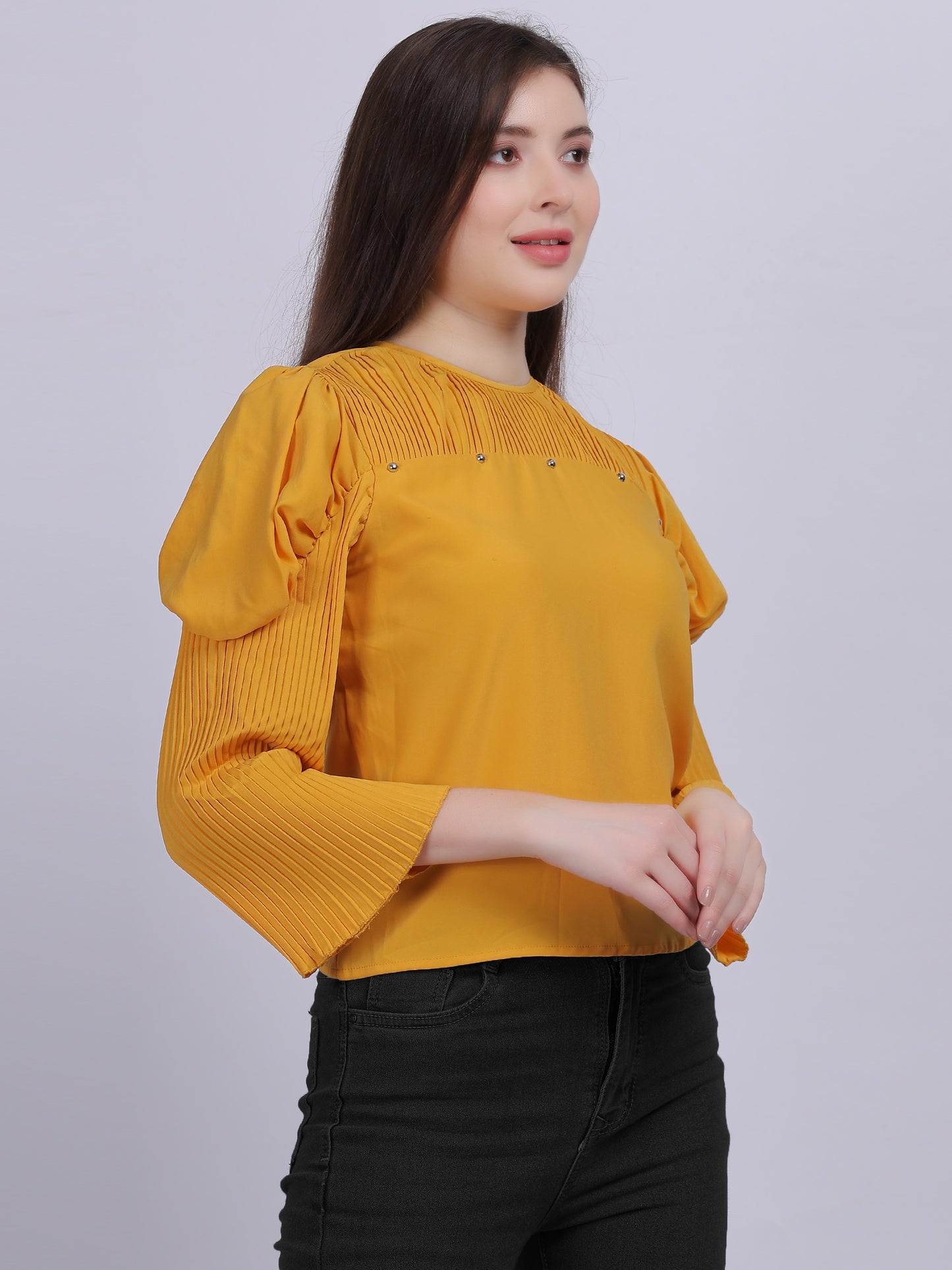 Yellow Fashion Crop Top With Bell Pleated Sleeves