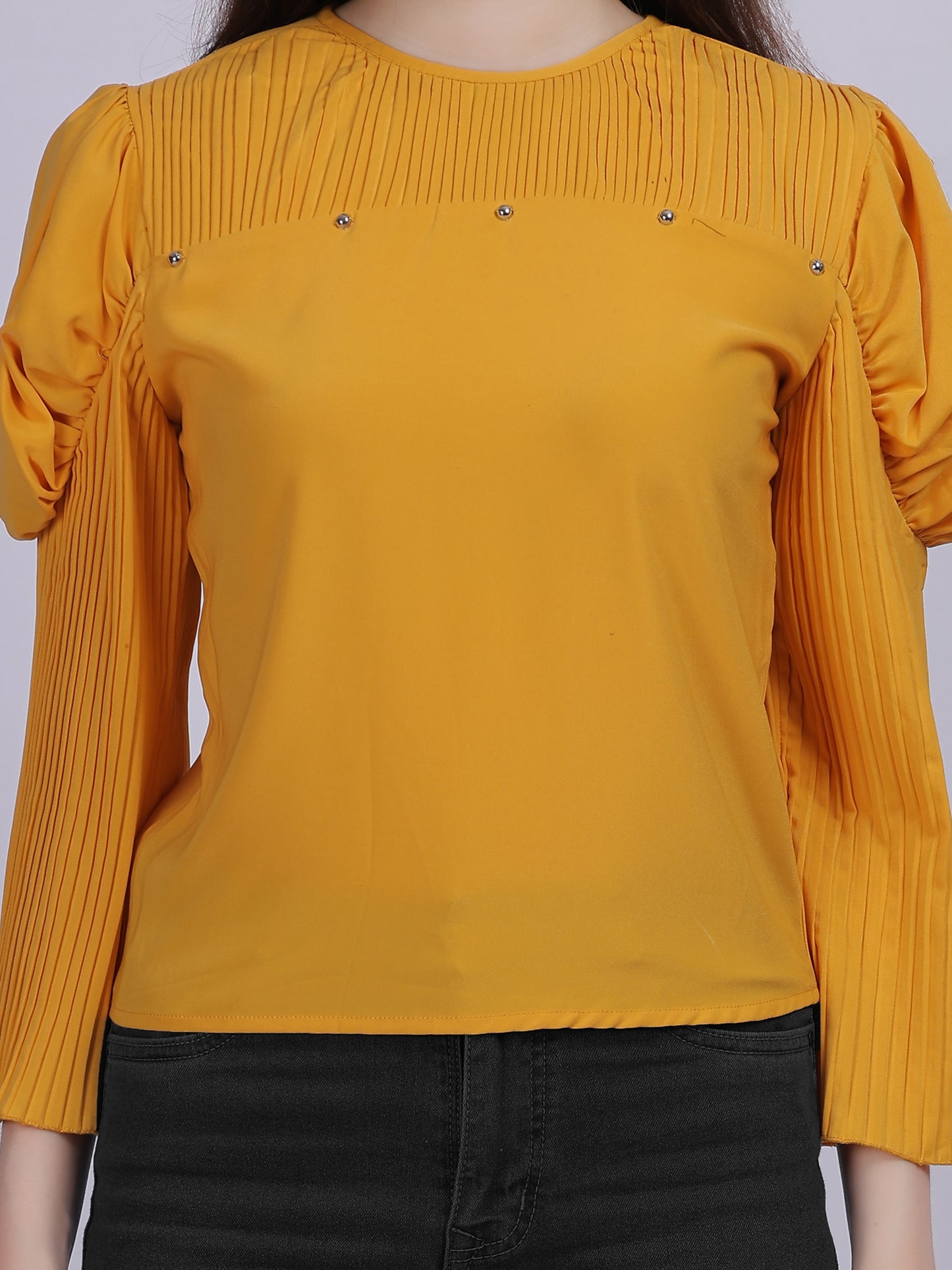 Yellow Fashion Crop Top With Bell Pleated Sleeves