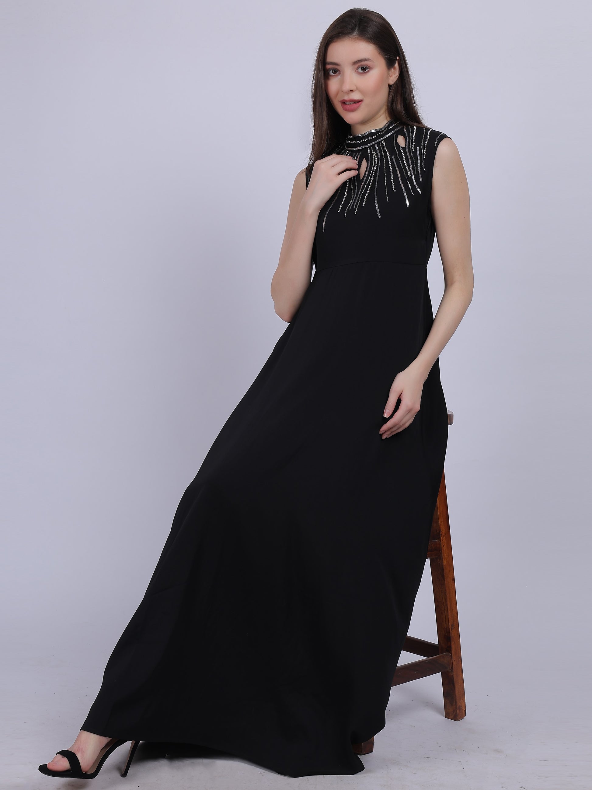 Black Plain Long Dress With Neck Hand Embroidery Work AUMBE Black Plain Long Dress With Neck Hand Embroidery Work AUMBE