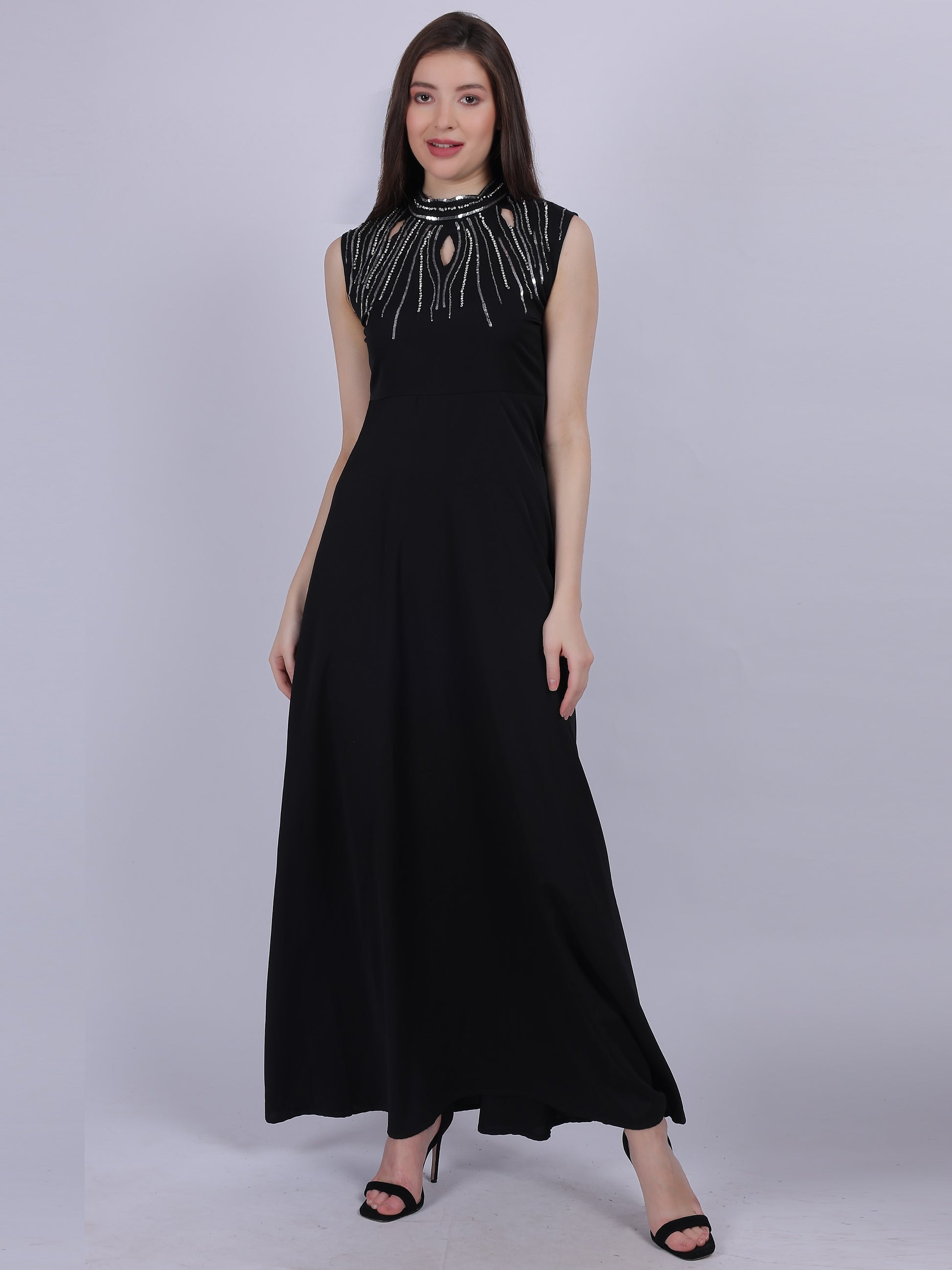 Black Plain Long Dress With Neck Hand Embroidery Work AUMBE Black Plain Long Dress With Neck Hand Embroidery Work AUMBE