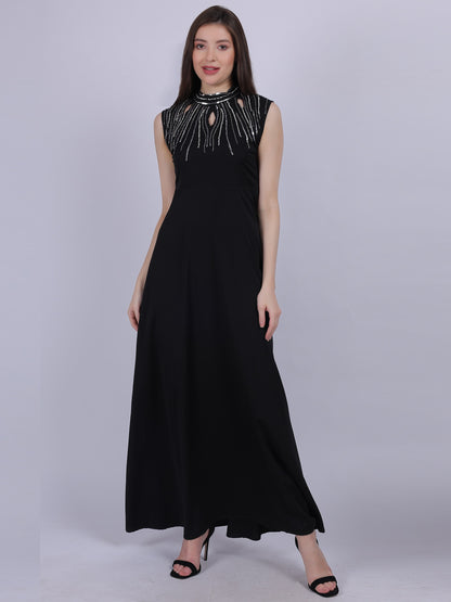 Black Plain Long Dress With Neck Hand Embroidery Work