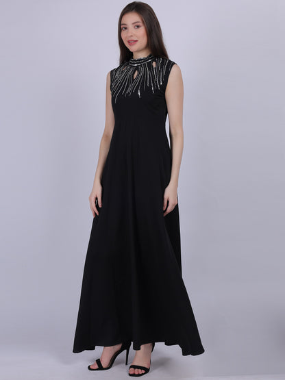 Black Plain Long Dress With Neck Hand Embroidery Work