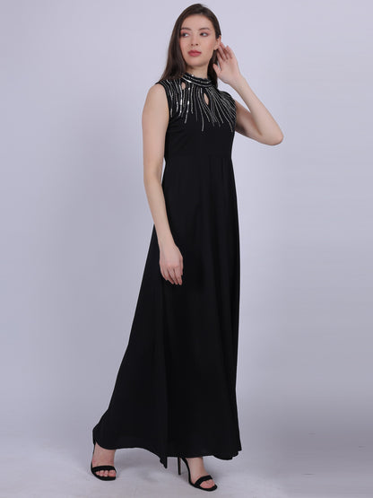 Black Plain Long Dress With Neck Hand Embroidery Work