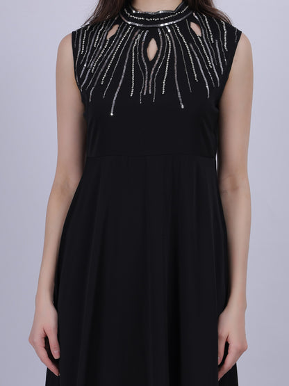 Black Plain Long Dress With Neck Hand Embroidery Work