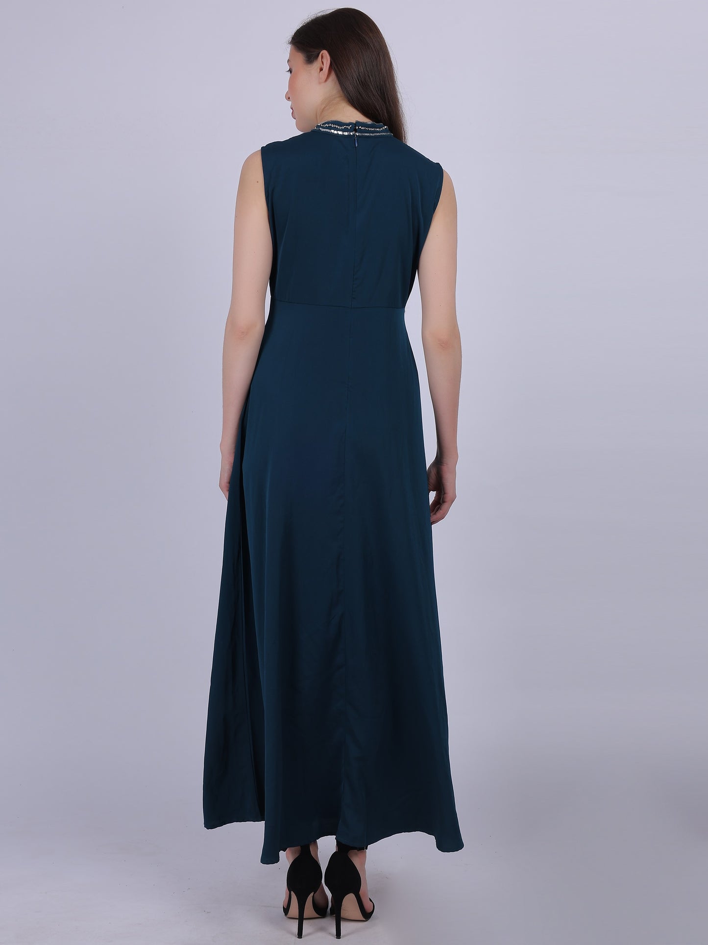 Teal Plain Long Dress With Neck Hand Embroidery Work