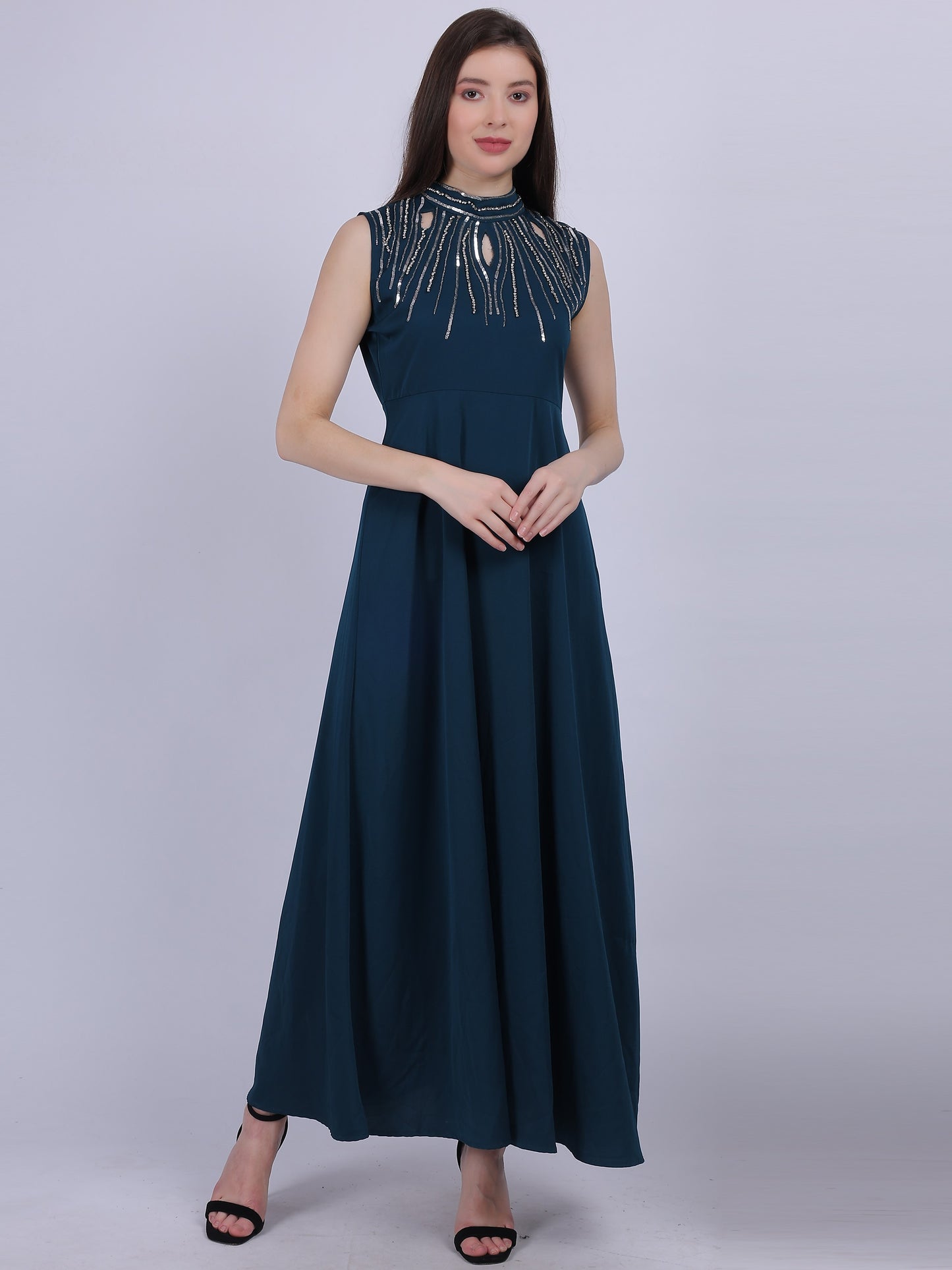 Teal Plain Long Dress With Neck Hand Embroidery Work