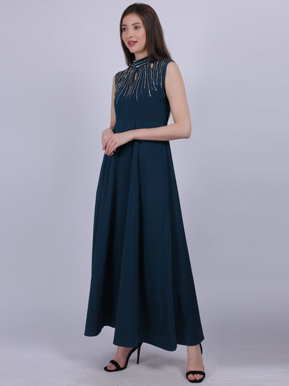 Teal Plain Long Dress With Neck Hand Embroidery Work