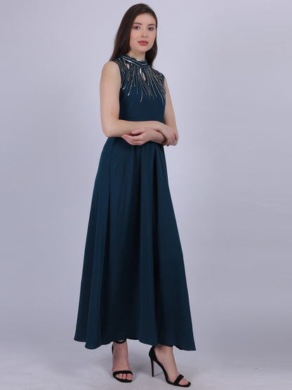 Teal Plain Long Dress With Neck Hand Embroidery Work