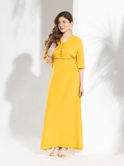 Floor Length Fashion Dress With Pleats & Handwork