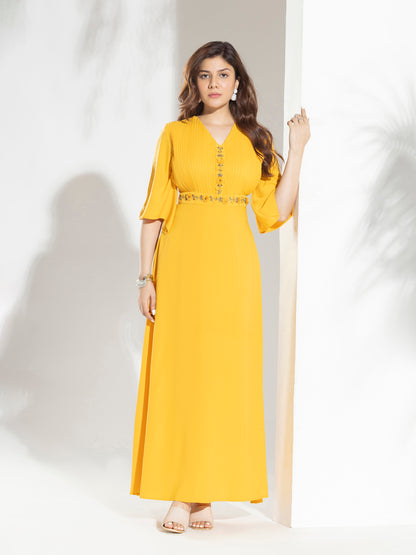 Floor Length Fashion Dress With Pleats & Handwork