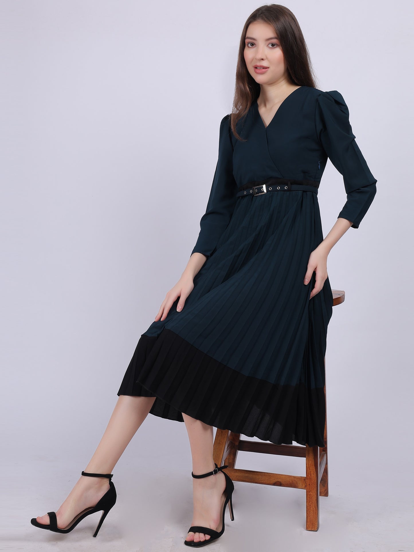 Teal Solid Pleated Fashion Dress With Puff Sleeves