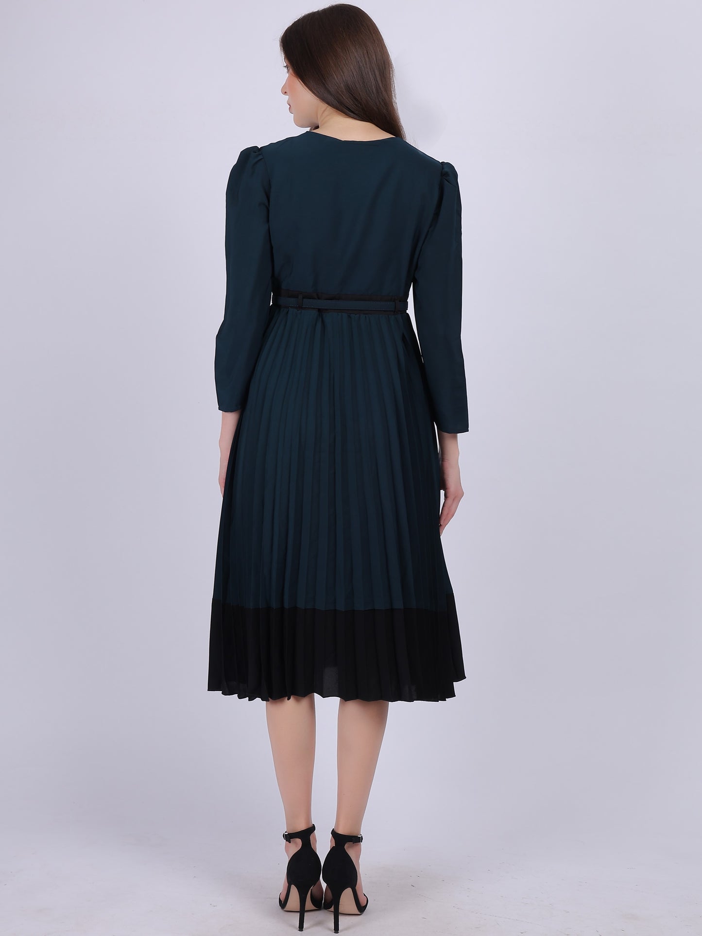 Teal Solid Pleated Fashion Dress With Puff Sleeves