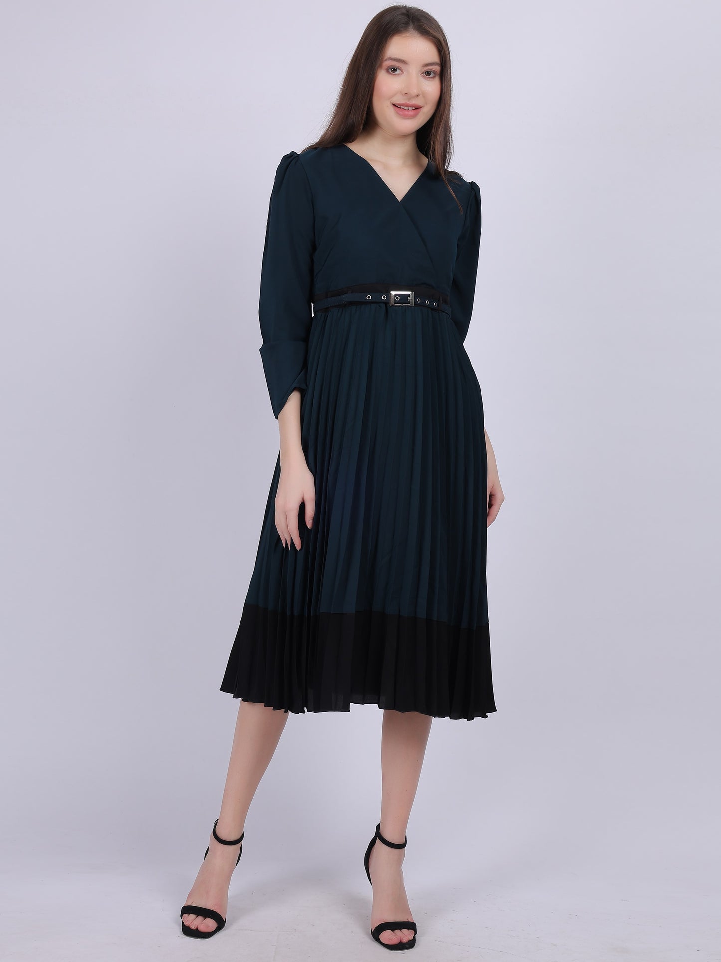 Teal Solid Pleated Fashion Dress With Puff Sleeves