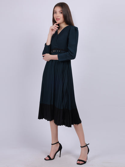 Teal Solid Pleated Fashion Dress With Puff Sleeves