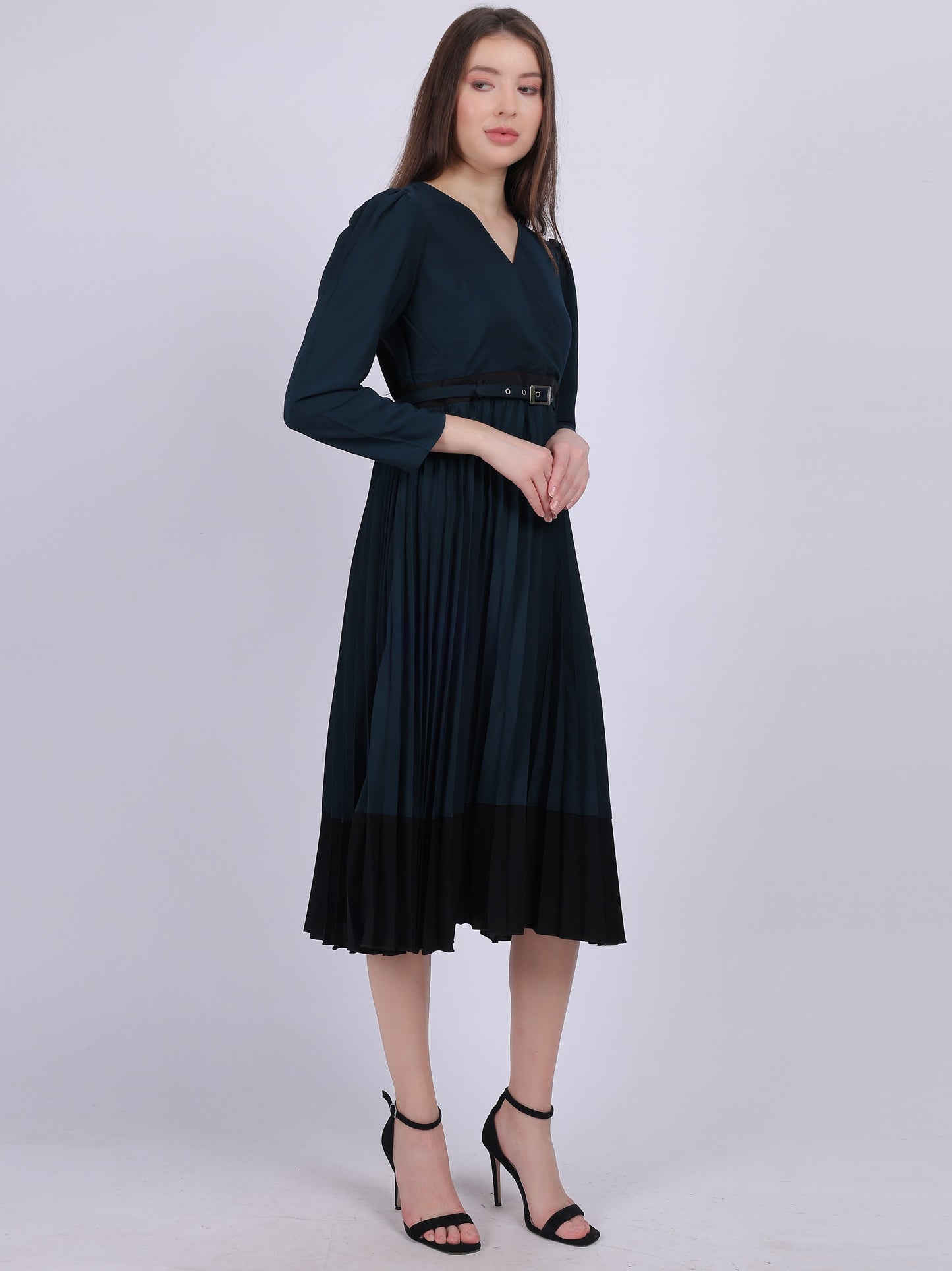 Teal Solid Pleated Fashion Dress With Puff Sleeves