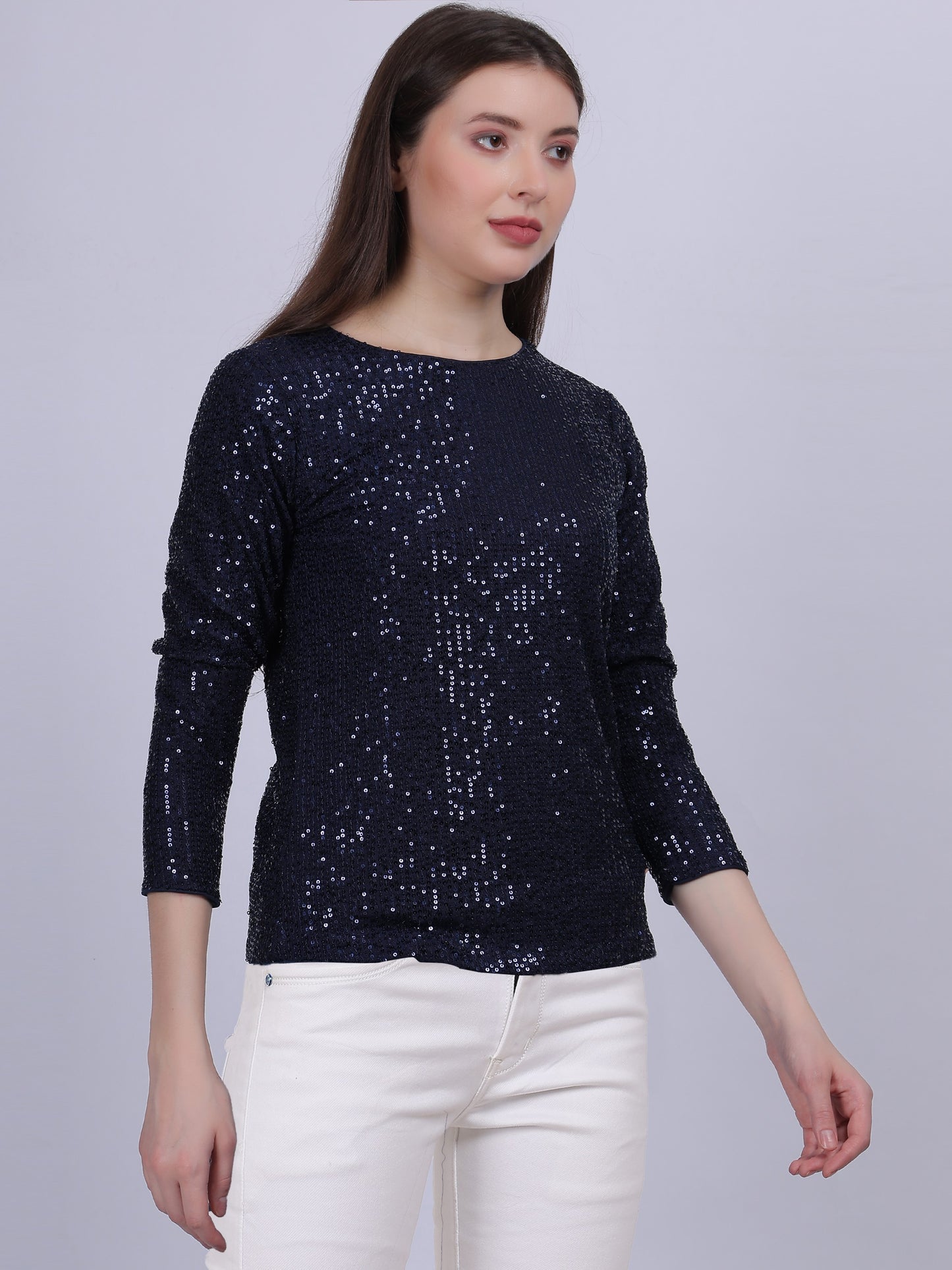 Plain Sequence Top With Layered Sleeves