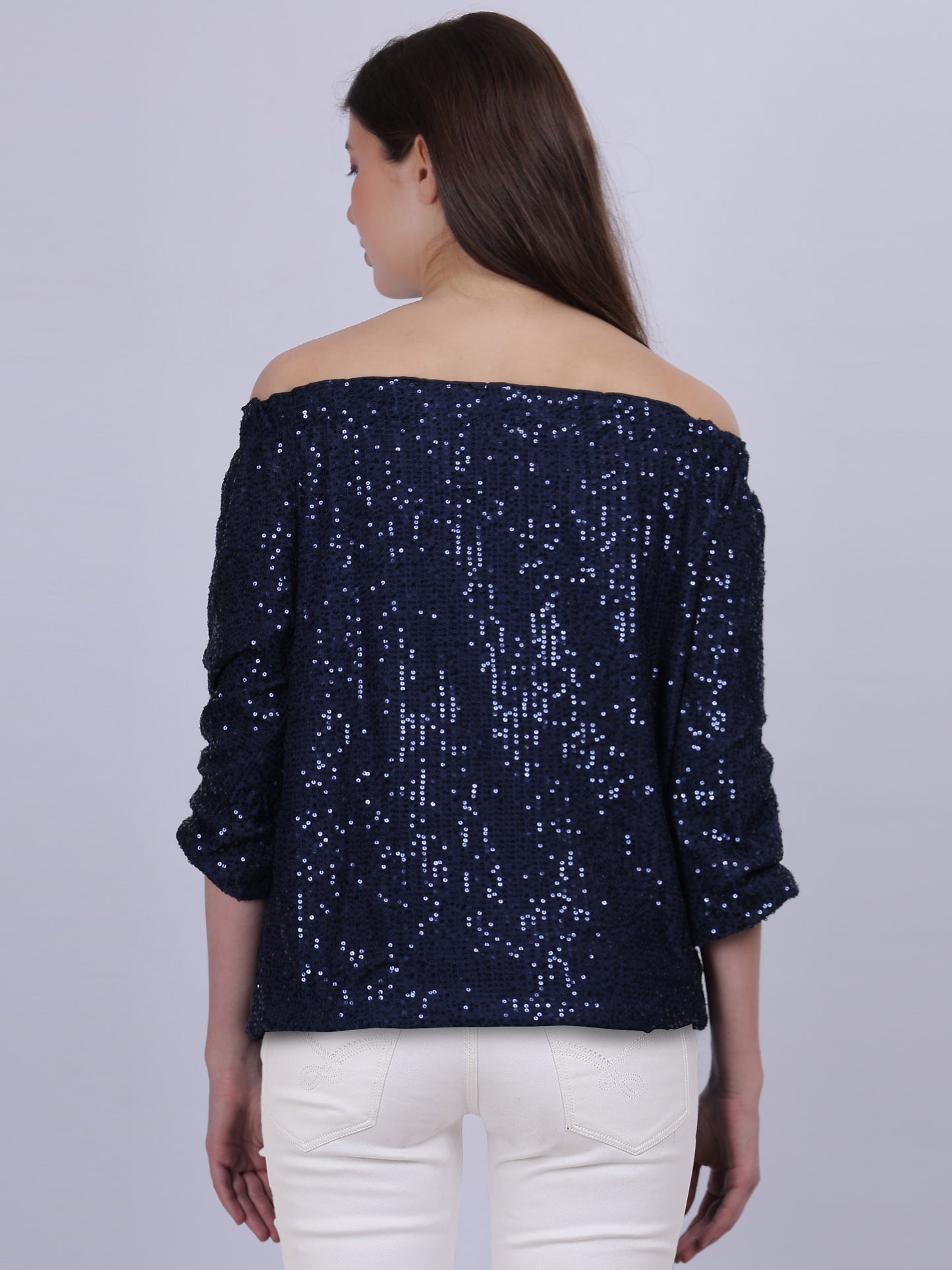 Navy Off-shoulder Sequin Party Wear Fashion Top