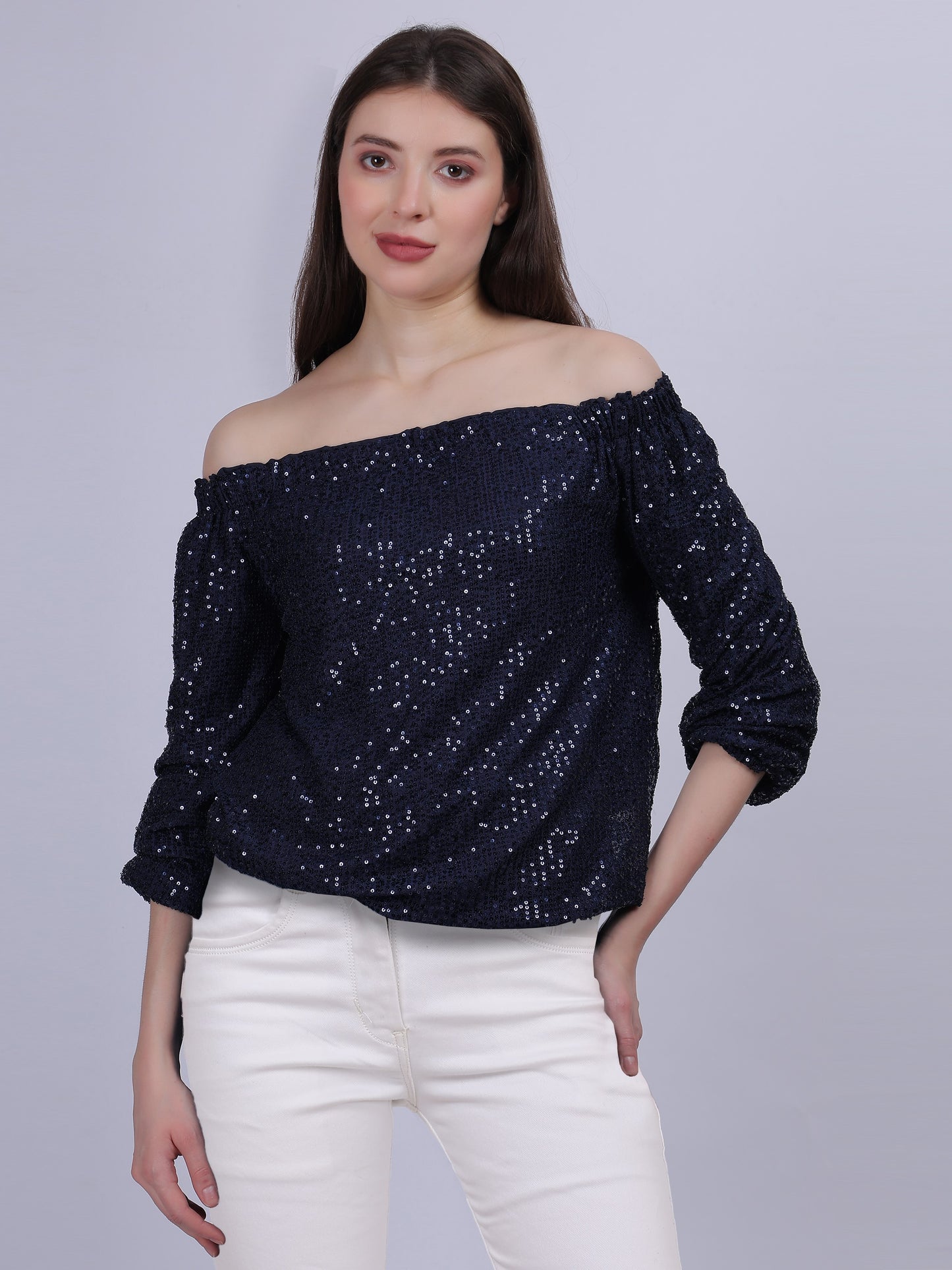 Navy Off-shoulder Sequin Party Wear Fashion Top