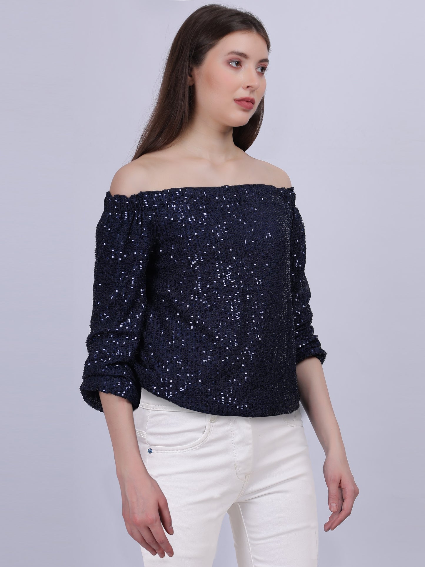 Navy Off-shoulder Sequin Party Wear Fashion Top