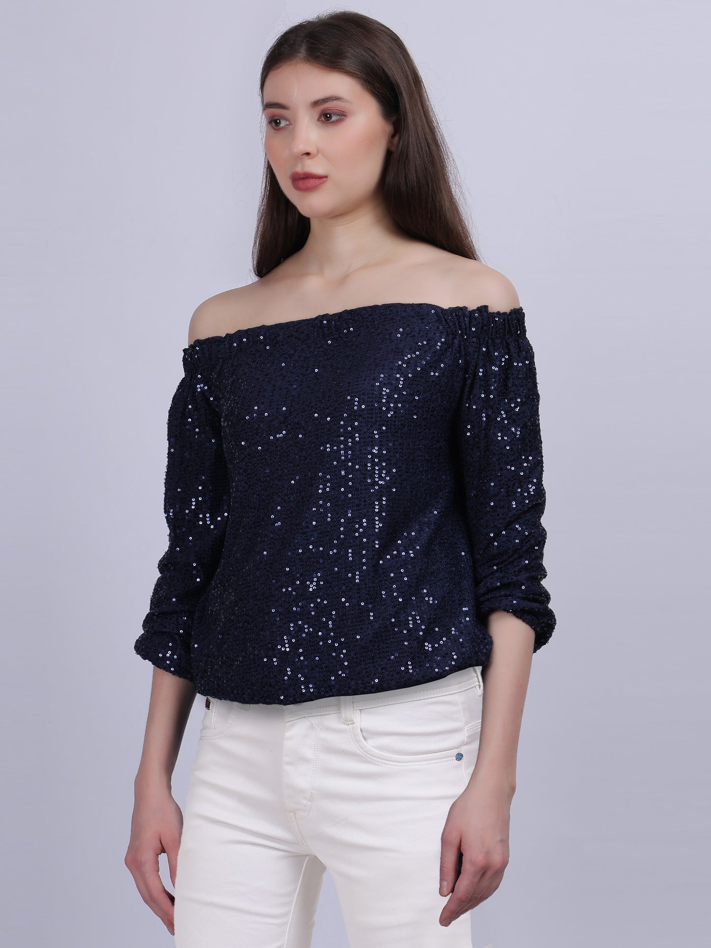 Navy Off-shoulder Sequin Party Wear Fashion Top