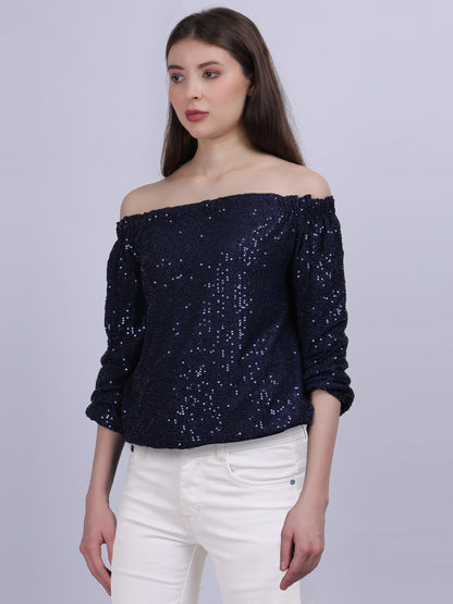 Navy Off-shoulder Sequin Party Wear Fashion Top