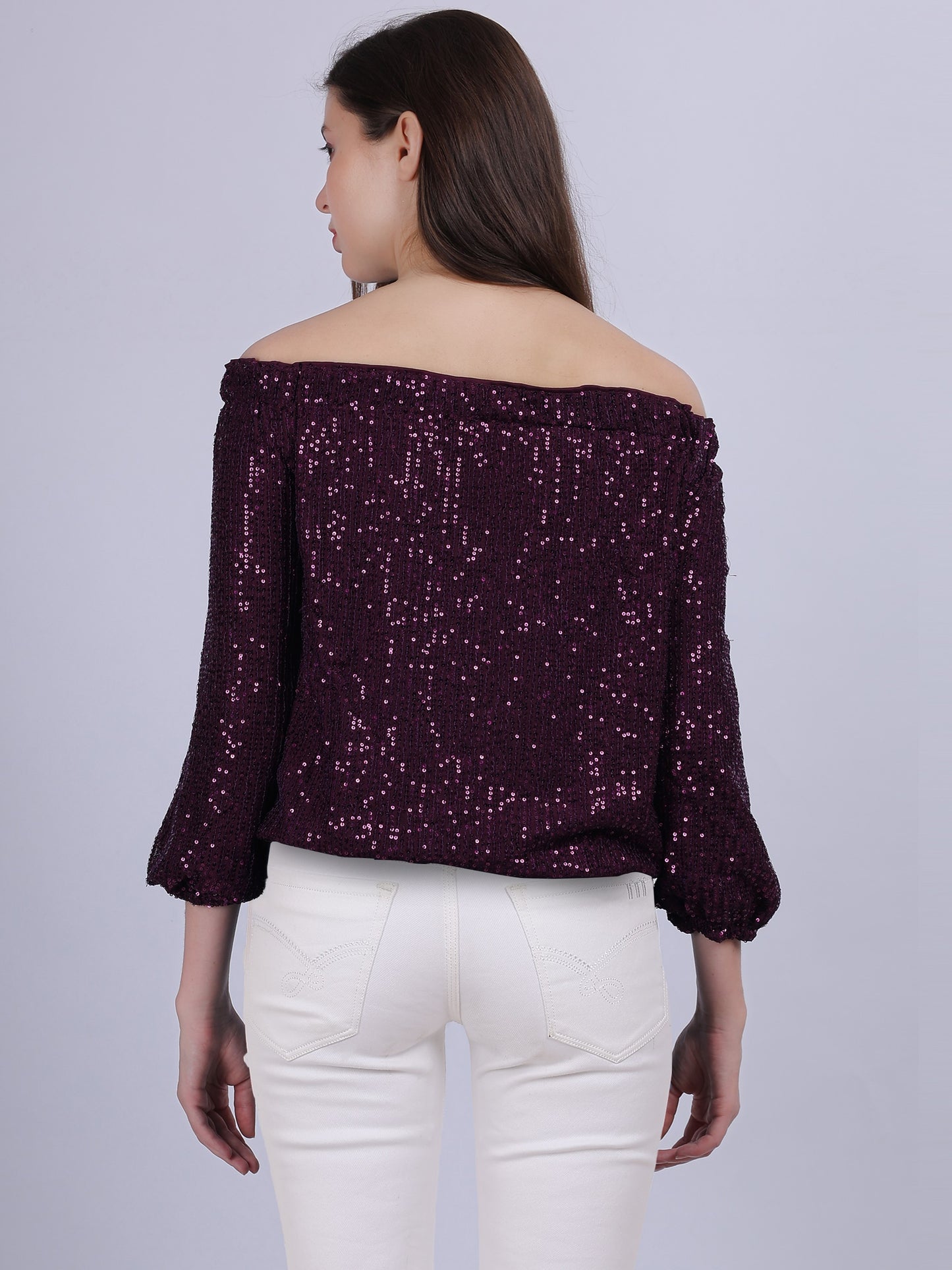 Wine Off-shoulder Sequin Party Wear Fashion Top