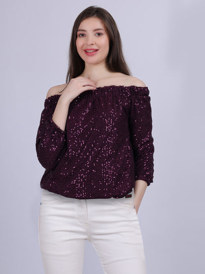 Wine Off-shoulder Sequin Party Wear Fashion Top