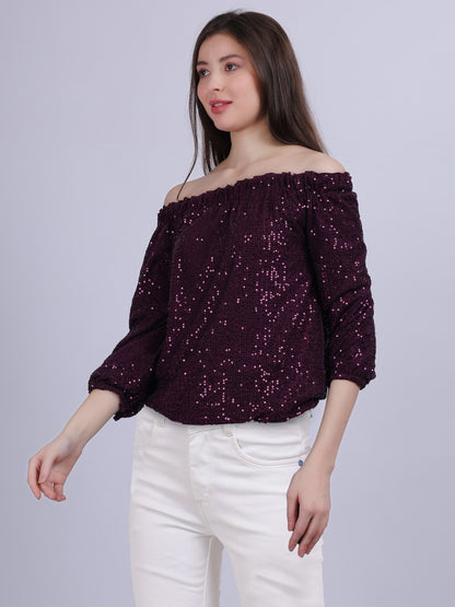 Wine Off-shoulder Sequin Party Wear Fashion Top