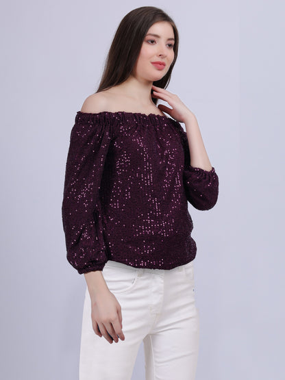 Wine Off-shoulder Sequin Party Wear Fashion Top