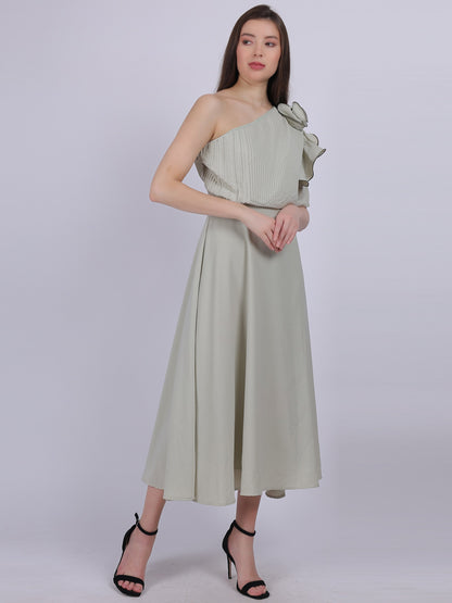 One-shoulder Pleated Dress With Flower Embellishment