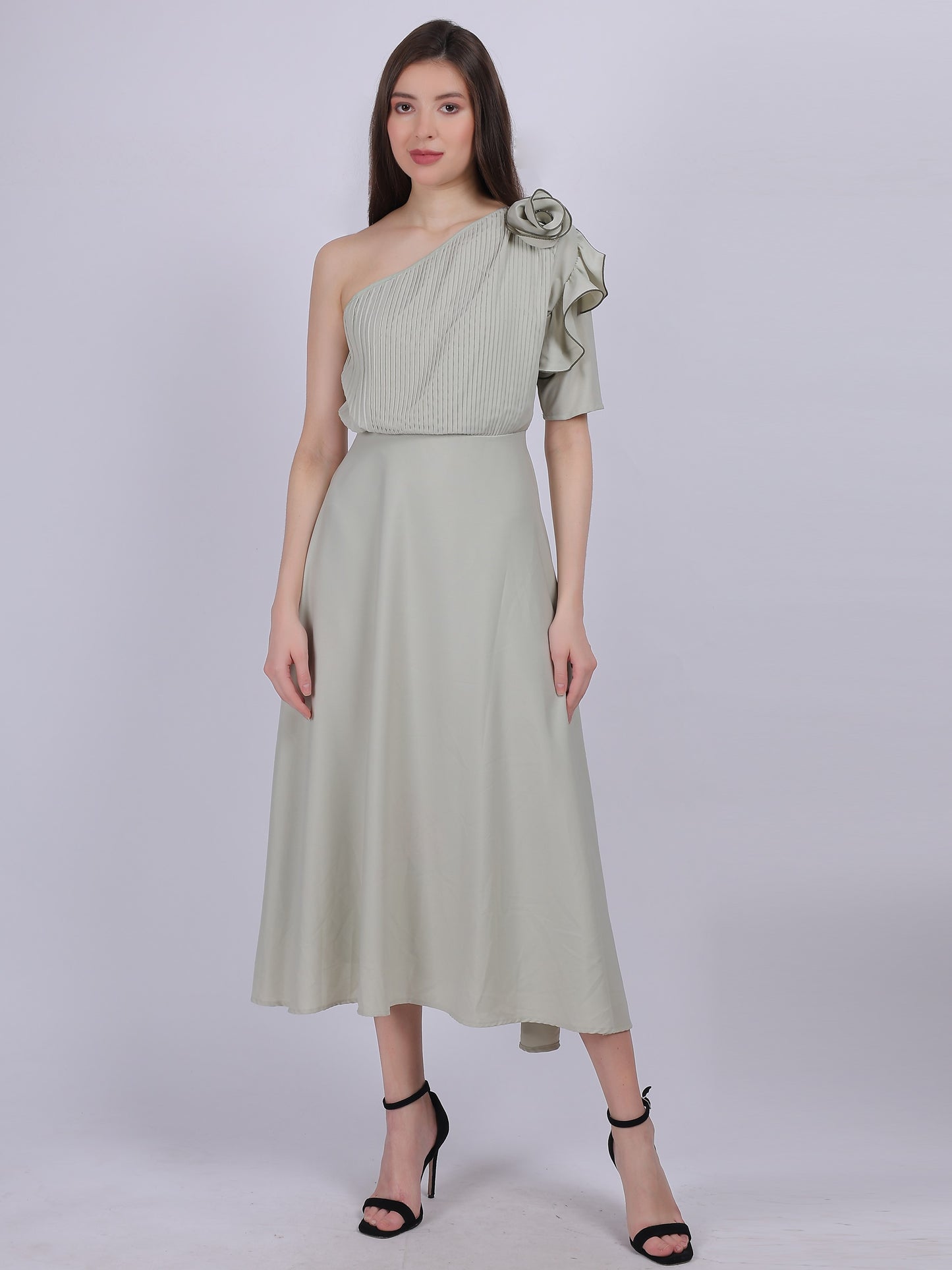 One-shoulder Pleated Dress With Flower Embellishment