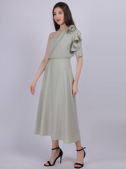 One-shoulder Pleated Dress With Flower Embellishment