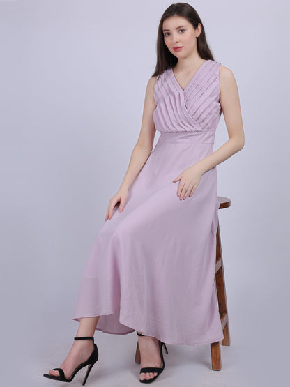 Lilac Solid Pleated Fashion Full Length Dress