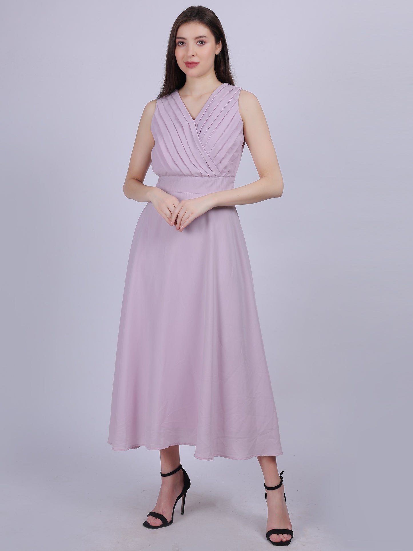 Lilac Solid Pleated Fashion Full Length Dress