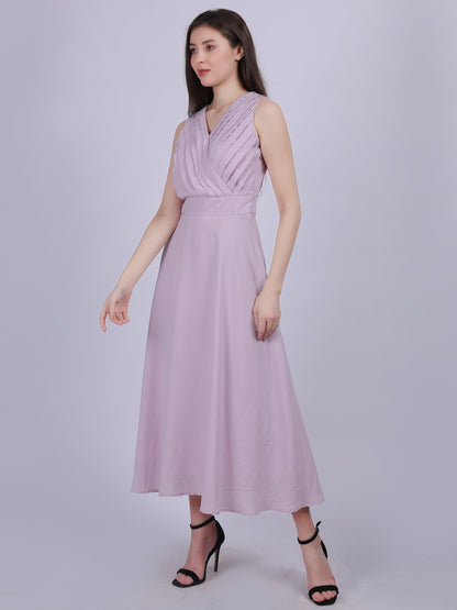 Lilac Solid Pleated Fashion Full Length Dress