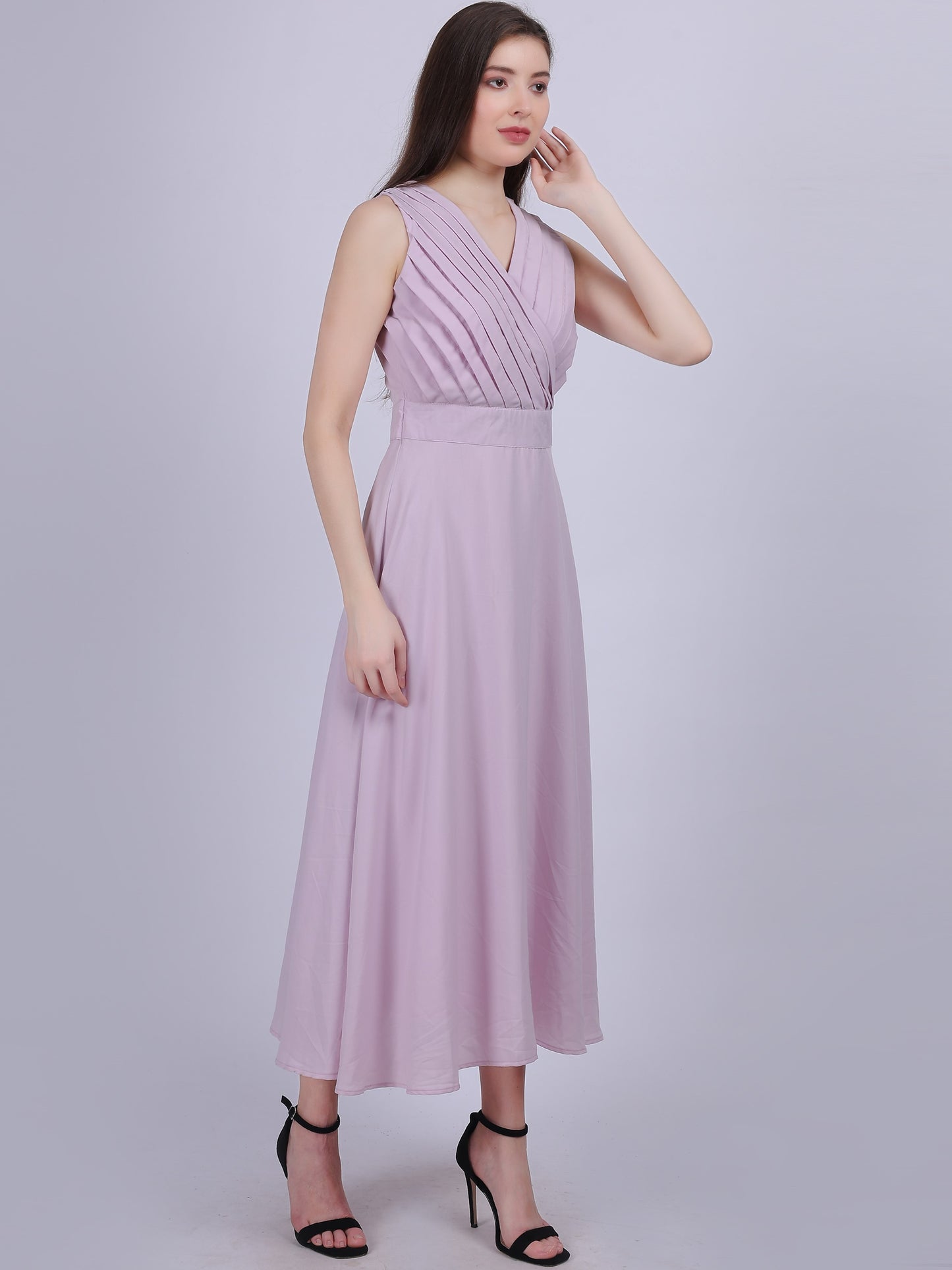 Lilac Solid Pleated Fashion Full Length Dress