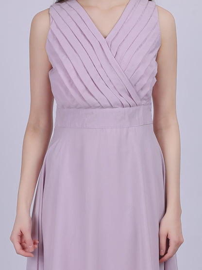 Lilac Solid Pleated Fashion Full Length Dress