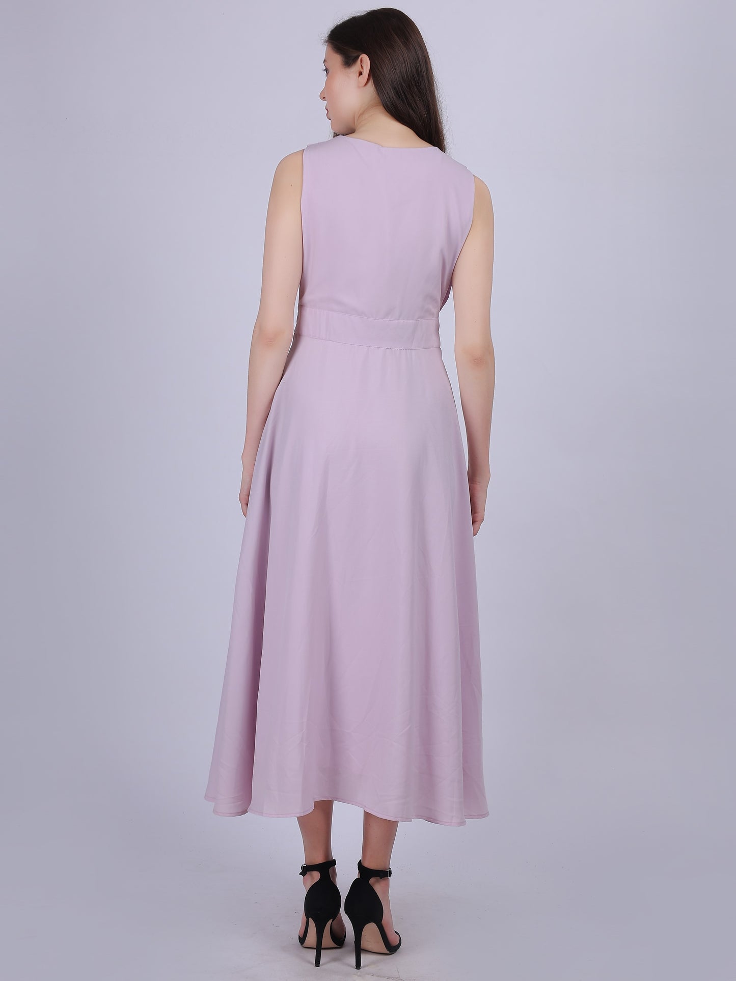 Lilac Solid Pleated Fashion Full Length Dress