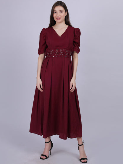 Solid Fashion Pleated Dress With Waist Handwork Embroidery