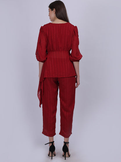 Maroon Fashion Cord-set With Asymmetric Top & Straight Fit Pant