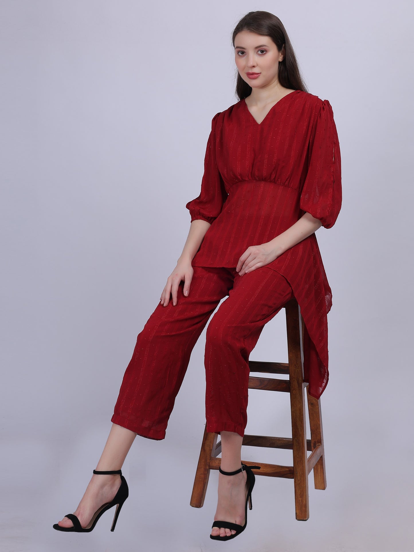 Maroon Fashion Cord-set With Asymmetric Top & Straight Fit Pant