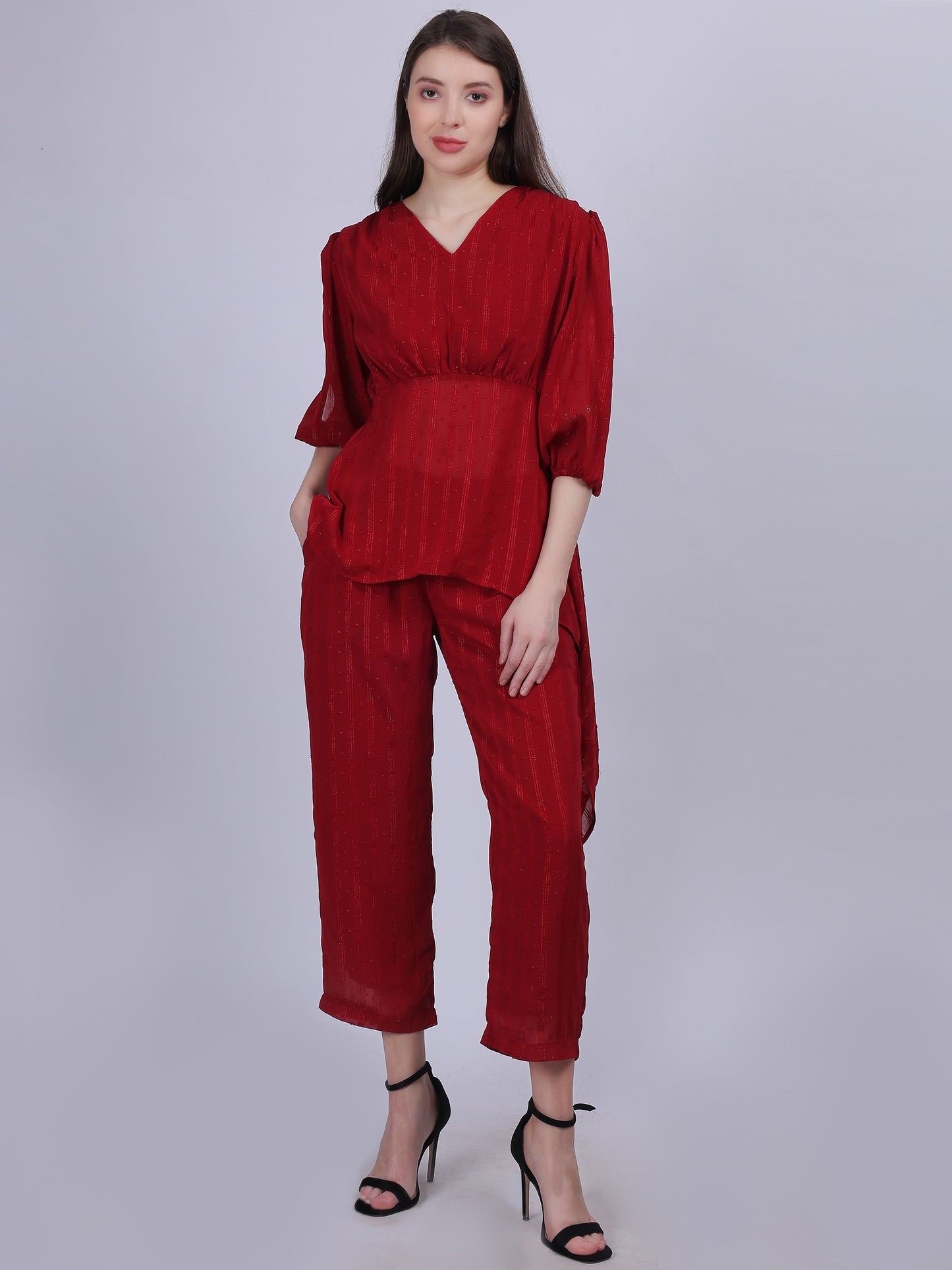 Maroon Fashion Cord-set With Asymmetric Top & Straight Fit Pant