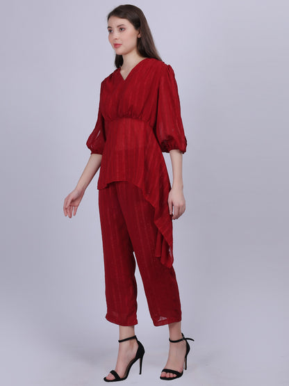 Maroon Fashion Cord-set With Asymmetric Top & Straight Fit Pant