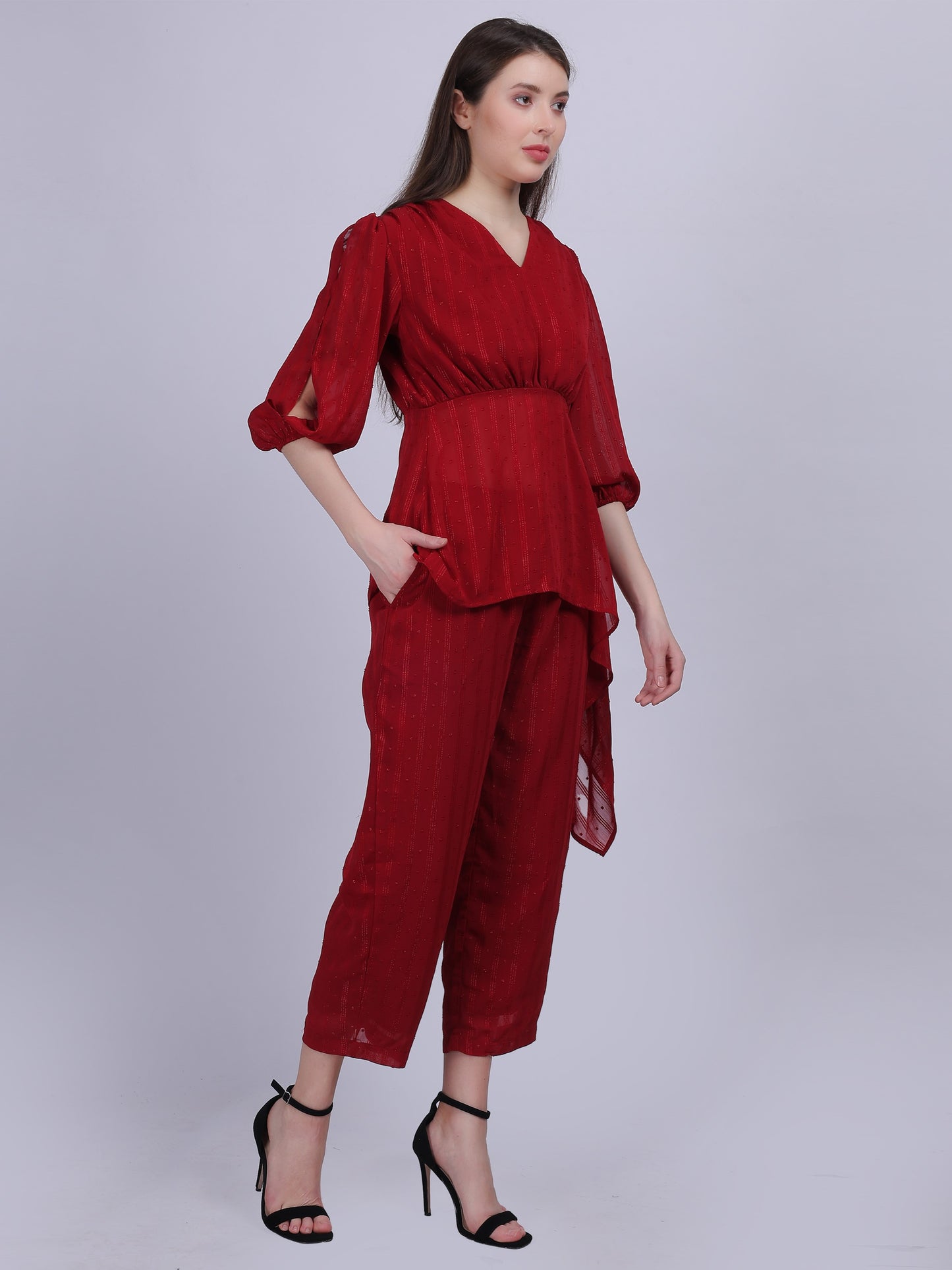 Maroon Fashion Cord-set With Asymmetric Top & Straight Fit Pant