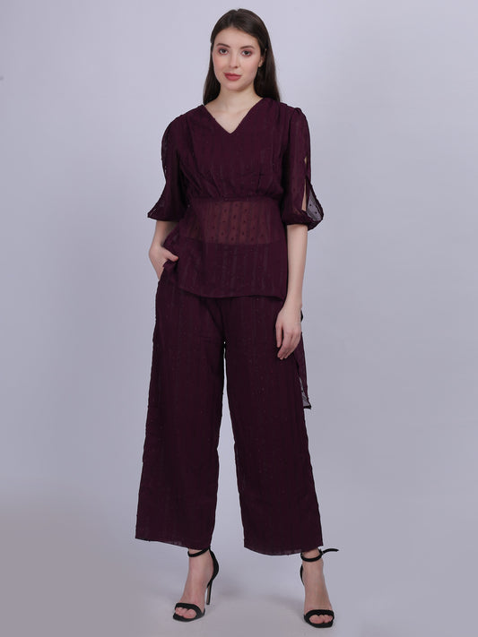 Wine Fashion Cord-set With Asymmetric Top & Straight Fit Pant