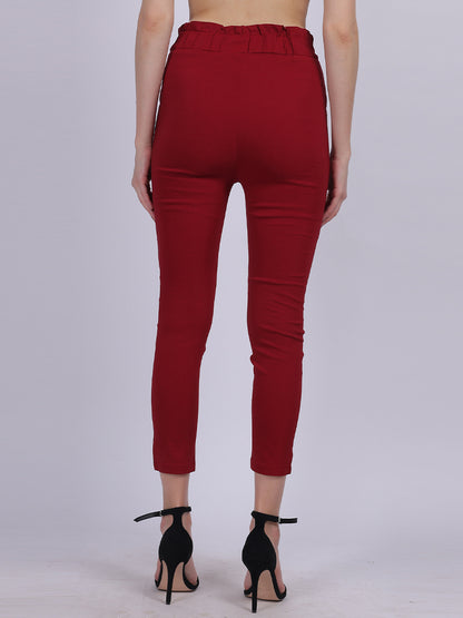 Maroon Solid Narrow Fit Trouser With Attached Fabric Belt